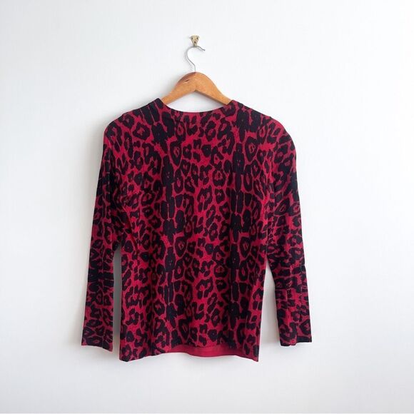 INC Leopard Sweater Top Red Black Bead Collar Trim Women's Petite M Long Sleeved - Picture 2 of 9
